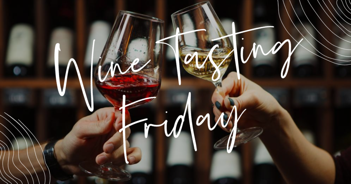 wine tasting friday event image with 2 people toasting with a glass of red and white wine